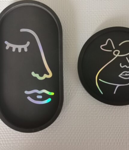 Handmade holographic rainbow iridescent abstract woman face line art jesmonite gifts south africa coasters jewelry