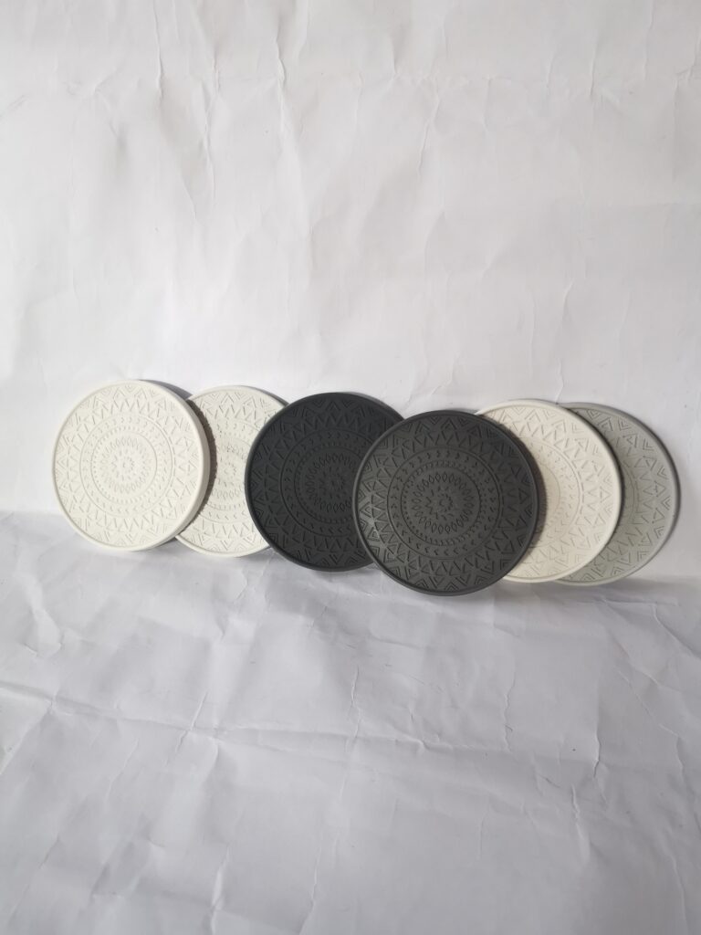 Mandala Coaster Set - Minimalist Monochrome Black and White 6 Coaster Set - Jesmonite eco resin south africa