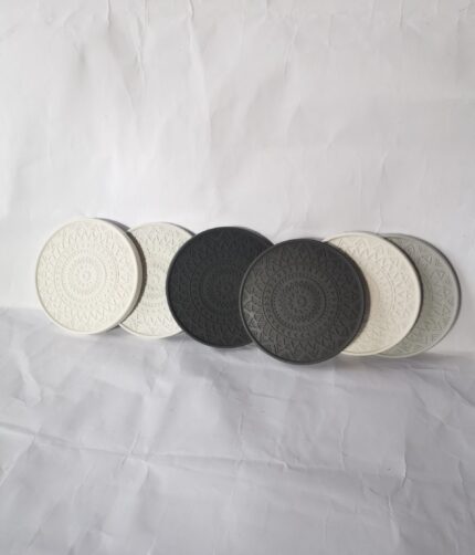 Mandala Coaster Set - Minimalist Monochrome Black and White 6 Coaster Set - Jesmonite eco resin south africa