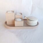 Amore Creative Collections - Home Decor Jesmonite South Africa Gift Sets Homeware 3 Set Tealight Candle Holder and XL Display Trinket Tray Extra Large - Colour Sand Light Nude Brown