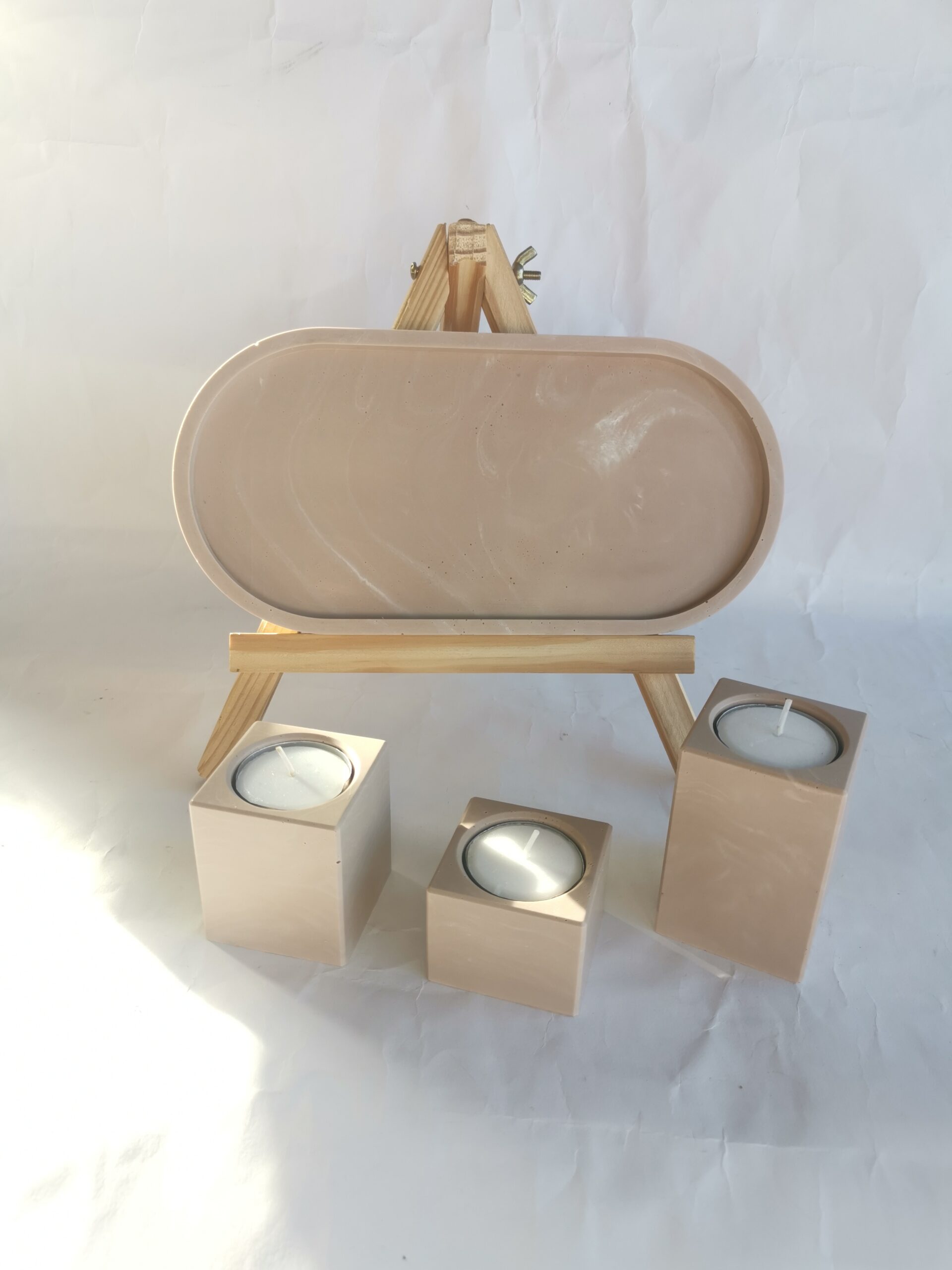Amore Creative Collections - Home Decor Jesmonite South Africa Gift Sets Homeware Medium Large Small Colours (5) Amore Creative Collections - Home Decor Jesmonite South Africa Gift Sets Homeware 3 Set Tealight Candle Holder and XL Display Trinket Tray Extra Large - Colour Sand Light Nude Brown