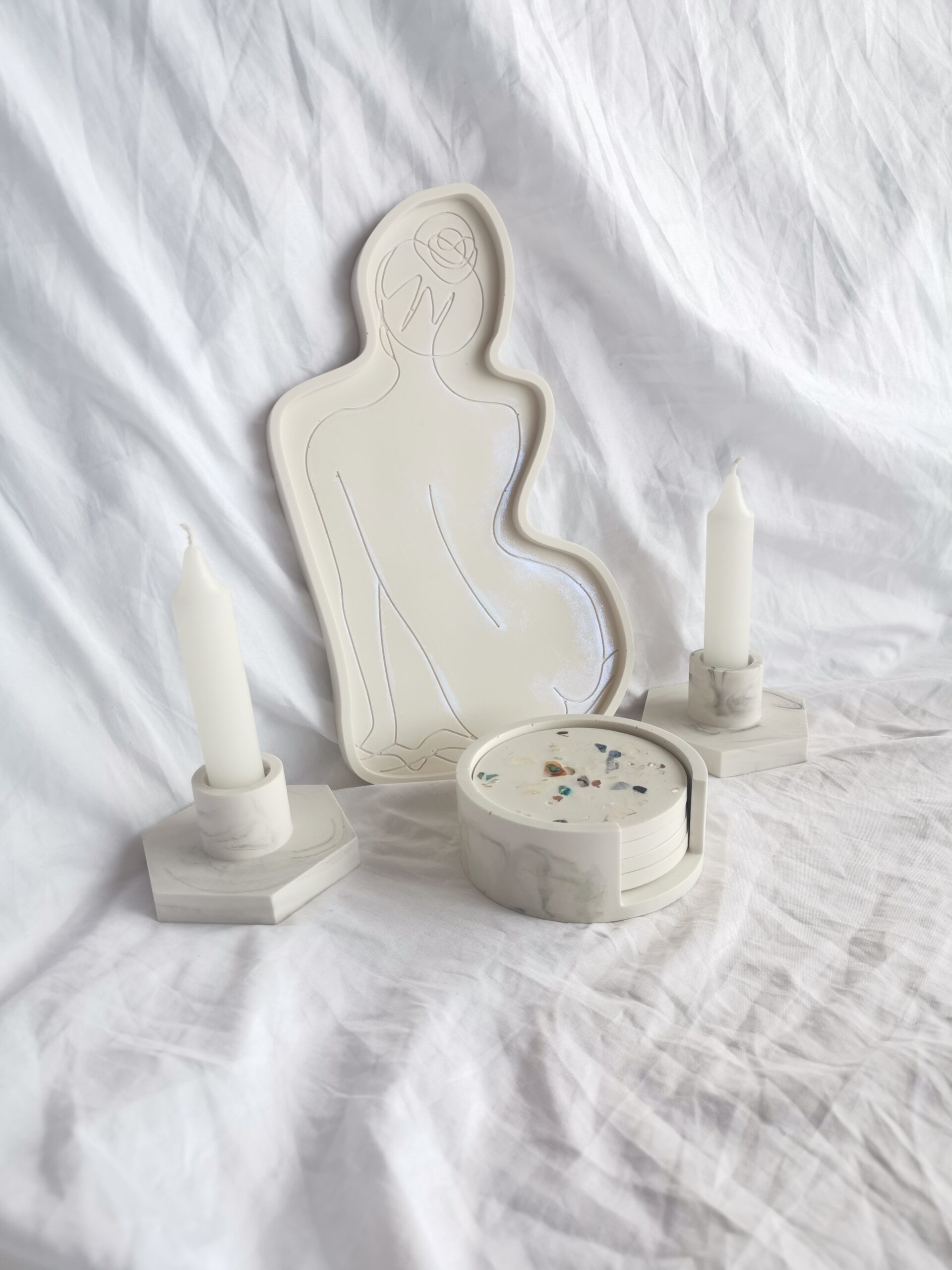 Eco Resin Jesmonite South Africa - Candlestick holder Terrazzo Candle Holder Iridiscent Iris Lady Women Body Figure Styling Tray Seashell Conch Trinket Tray Lady Styling Trinket Tray - Iridescent Iris - Extra Large Console Table - Amore Creative Collections