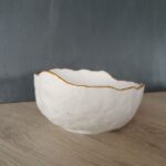 Amore Creative Collections - Decorative Ceramic Bowls Jesmonite Ostrich Egg Ridges Asymmetrical White Gold